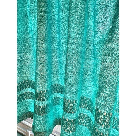 Vintage 70 curtain, deep teal jewel tone, white embroidered detail, thick woven - Picture 3 of 10